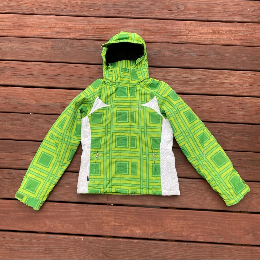 Green and White Ski Jacket with Geometric Design and Hood
